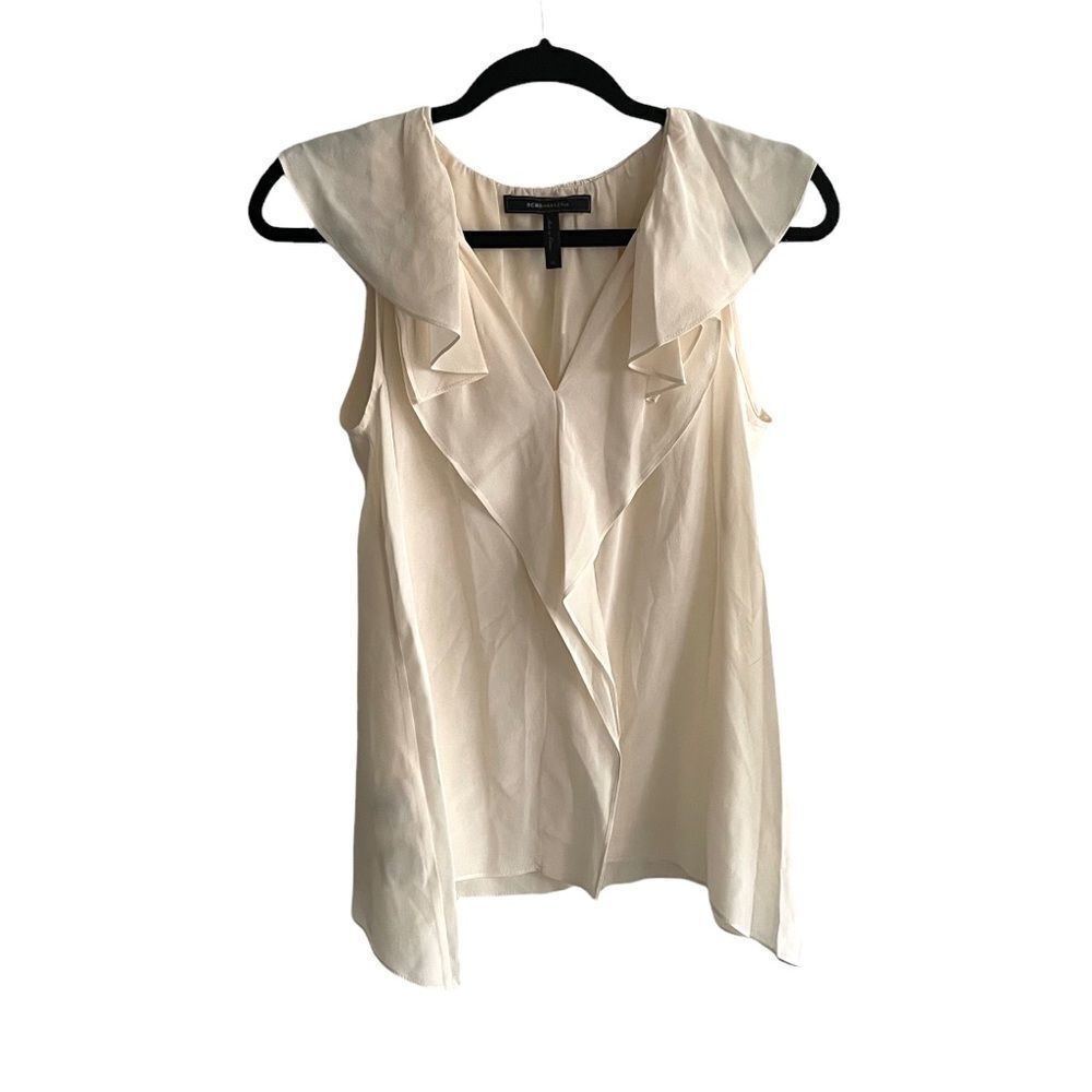 BCBGMAXAZRIA Silk Drea Sleeveless V-Neck Blouse Ruffle Cream XS